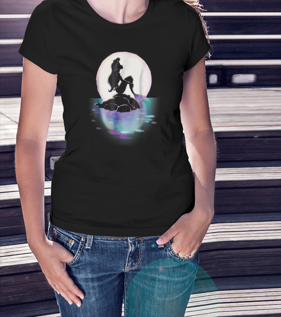 Disney Ariel Little Mermaid Silhouette Against Colorful Sunset Moon T-Shirt