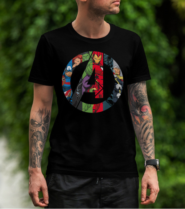 Marvel Avengers A Logo Captain America Black Widow Hulk Iron Man Thor T-Shirt