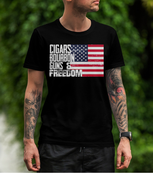 Cigars Bourbon Guns Freedom American Flag T-Shirt