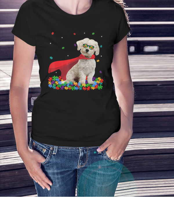 Superhero Maltese Dog Puzzle Pieces Autism Awareness T-Shirt