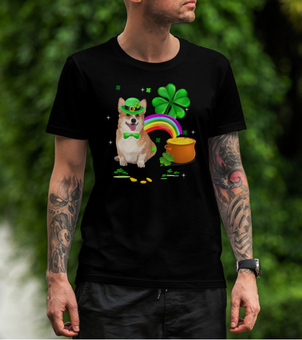 Corgi Dog Shamrock St Patricks Day Leprechaun Rainbow Pot Of Gold T-Shirt