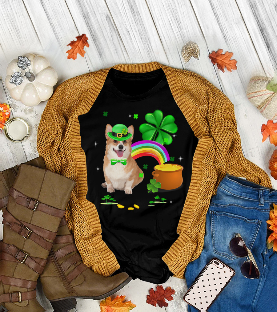 Corgi Dog Shamrock St Patricks Day Leprechaun Rainbow Pot of Gold T-Shirt