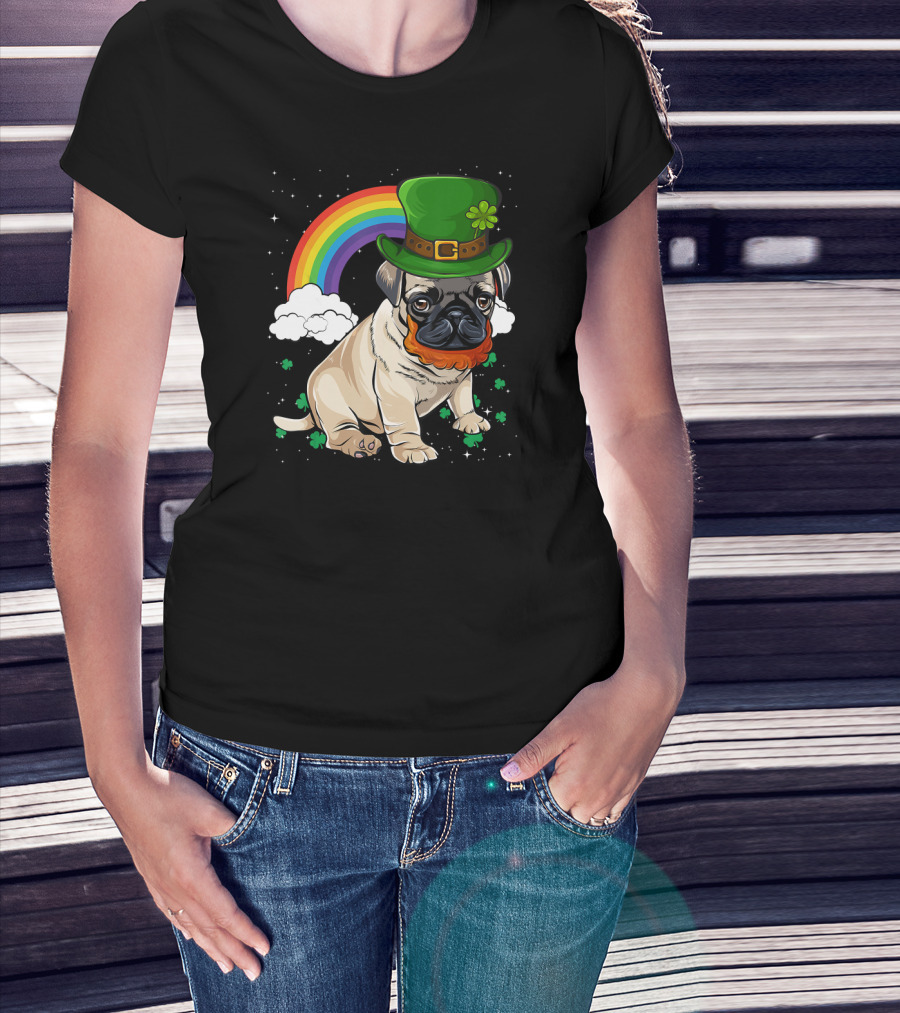 Pug St Patricks Day Leprechaun Hat Rainbow T-Shirt