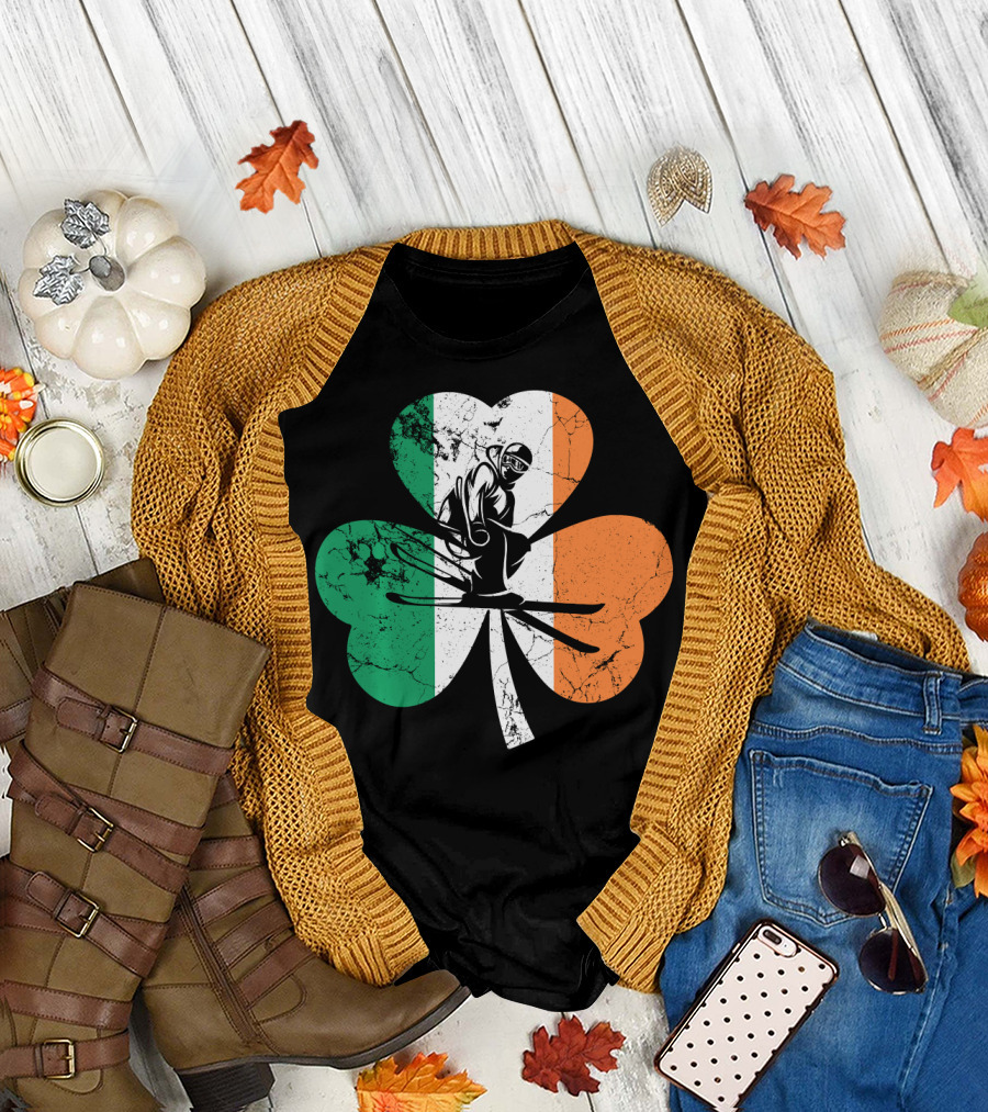 Skiing Shamrock St Patrick's Day Ireland Irish Flag T-Shirt