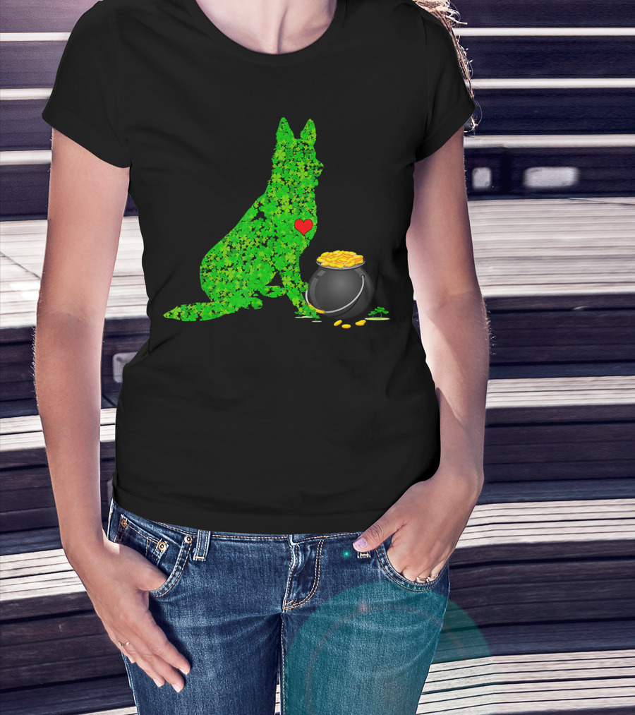 St Patricks Day Shamrock German Shepherd With Pot Of Gold T-Shirt