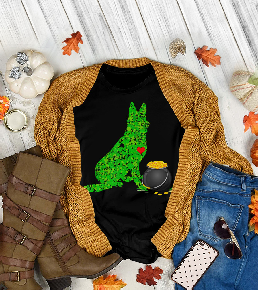 St Patricks Day Shamrock German Shepherd with Pot of Gold T-Shirt