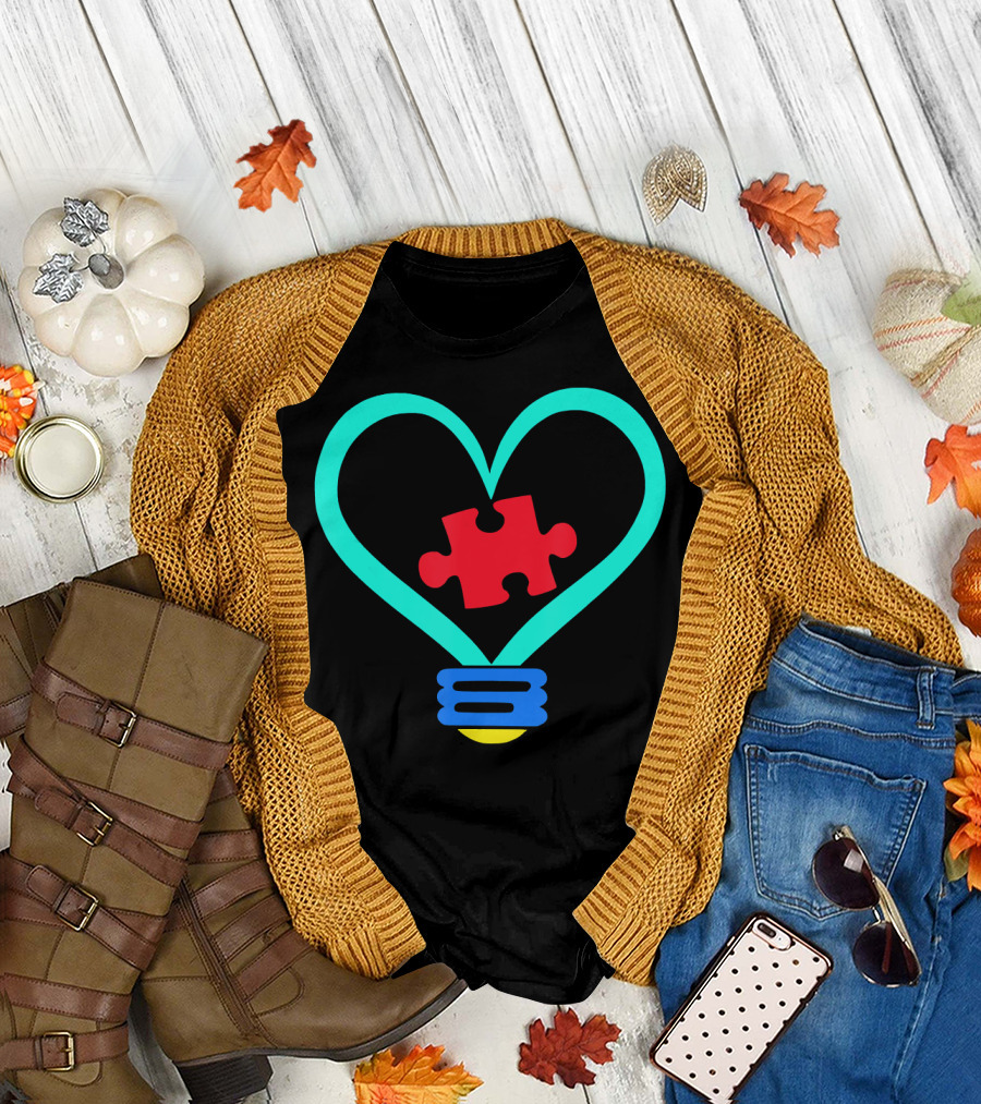 Autism Awareness Heart Lightbulb Puzzle Piece Teachers T-Shirt