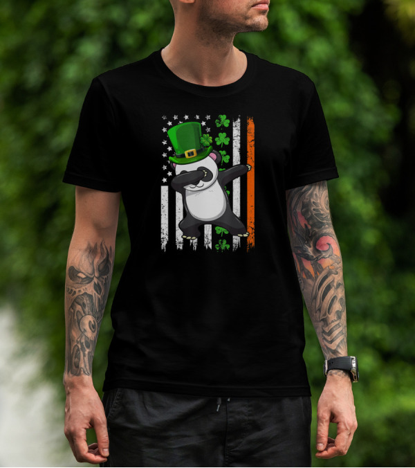 Dabbing Panda Leprechaun Shamrock Green Hat St Patrick's Day Irish Flag T-Shirt