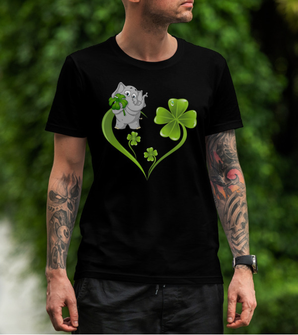 Elephant With Shamrock Heart And Clover Leaves T-Shirt