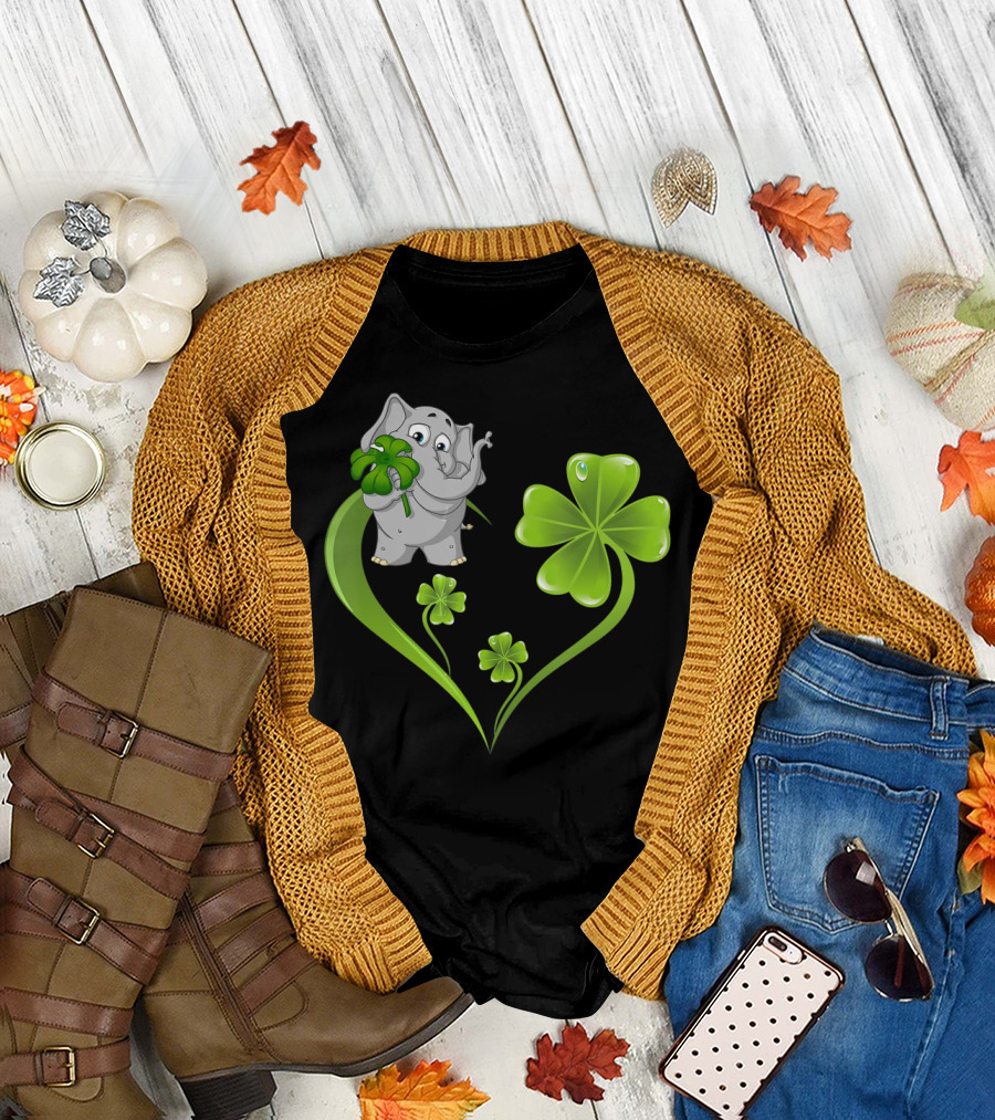 Elephant with Shamrock Heart and Clover Leaves T-Shirt