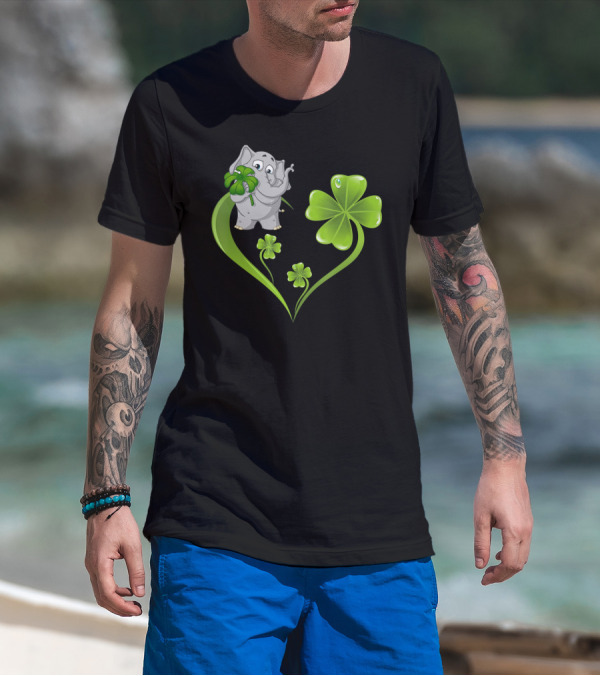 Elephant With Shamrock Heart And Clover Leaves T-Shirt