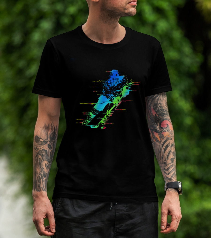 Ice Hockey Player Funny Athletes Glitch Effect Neon Athlete T-Shirt