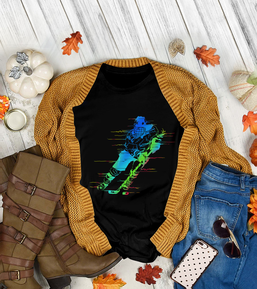 Ice Hockey Player Funny Athletes Glitch Effect Neon Athlete T-Shirt