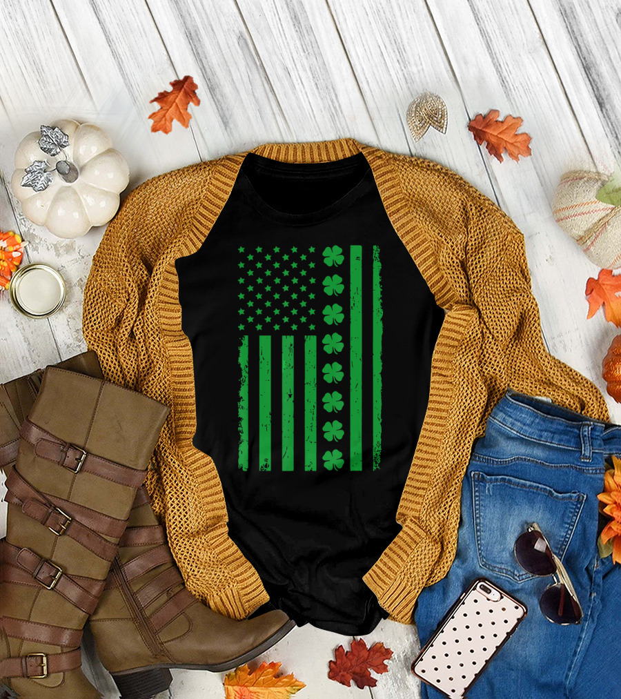 St Patrick Day Green Shamrock Irish American Flag T-Shirt