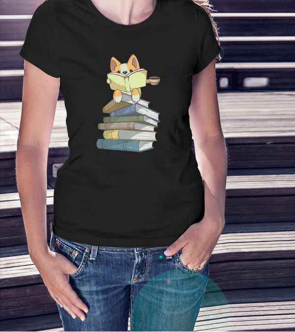 Welsh Corgi Reading Books With Coffee T-Shirt