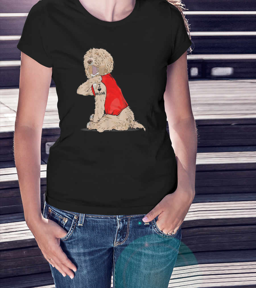 Labradoodle I Love Mom Tattoo Funny Dog In Red Vest Sitting Pose T-Shirt