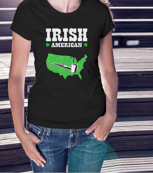 Irish American Shamrock Map With Pipe St Patrick's Day T-Shirt