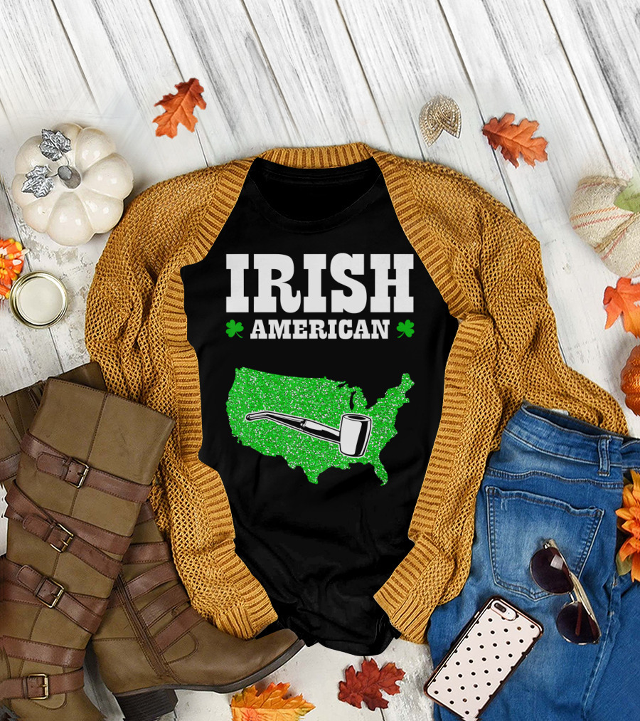Irish American Shamrock Map with Pipe St Patrick's Day T-Shirt