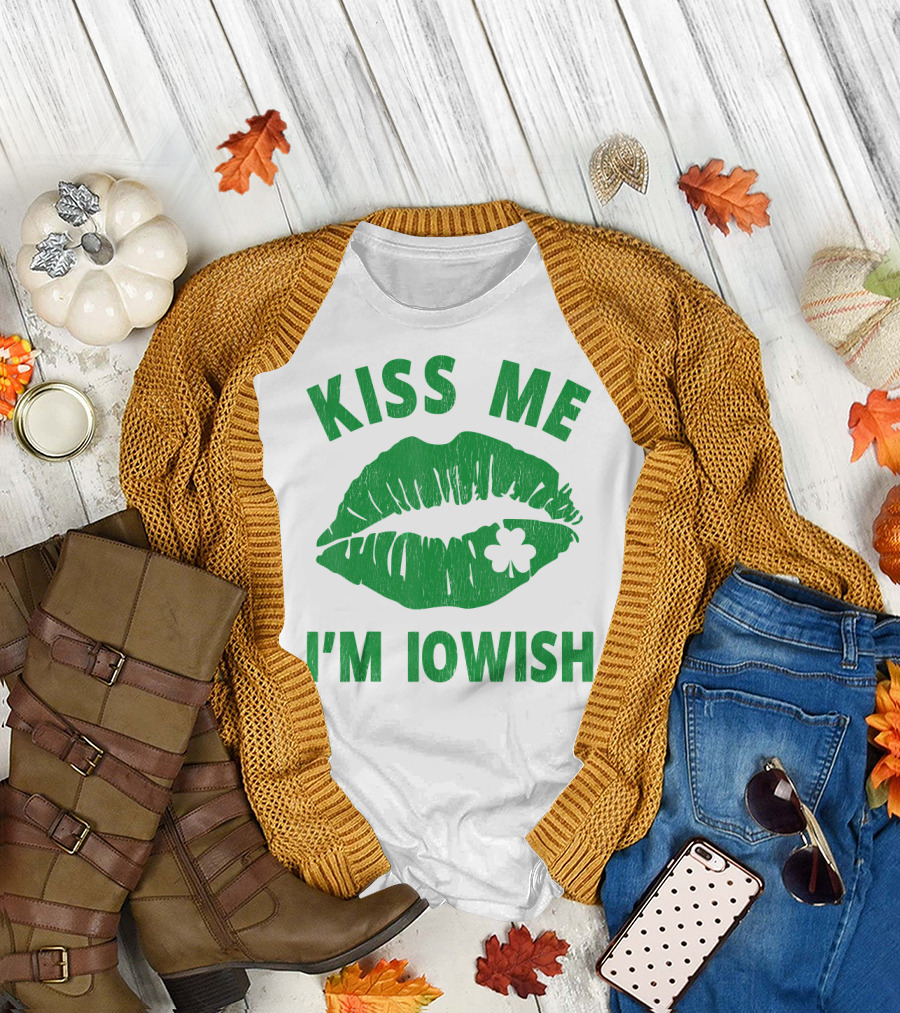 Kiss Me I'm Iowish St Patrick's Day Green Lips with Clover T-Shirt