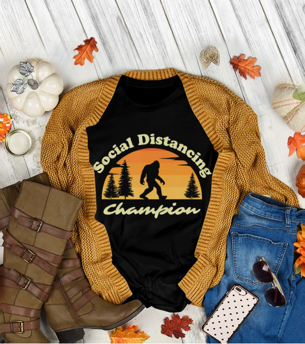 Social Distancing Champion Sasquatch Bigfoot Silhouette Sunset Forest Scene T-Shirt