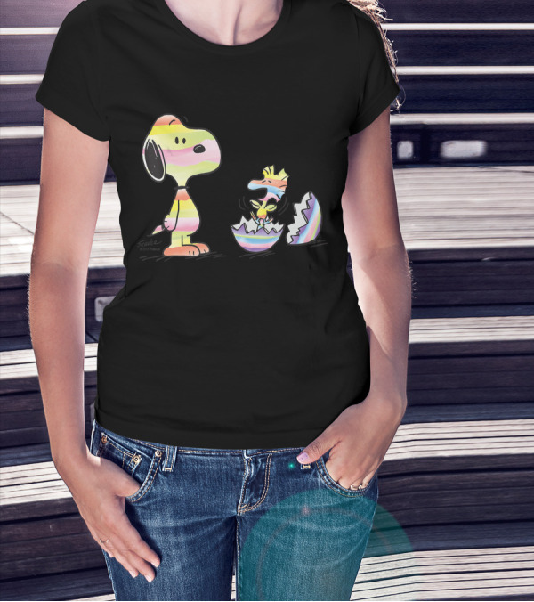 Peanuts Snoopy Woodstock Colorful Easter Egg Stripes T-Shirt