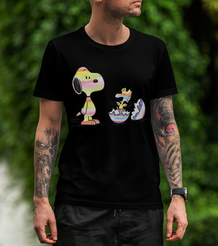 Peanuts Snoopy Woodstock Colorful Easter Egg Stripes T-Shirt