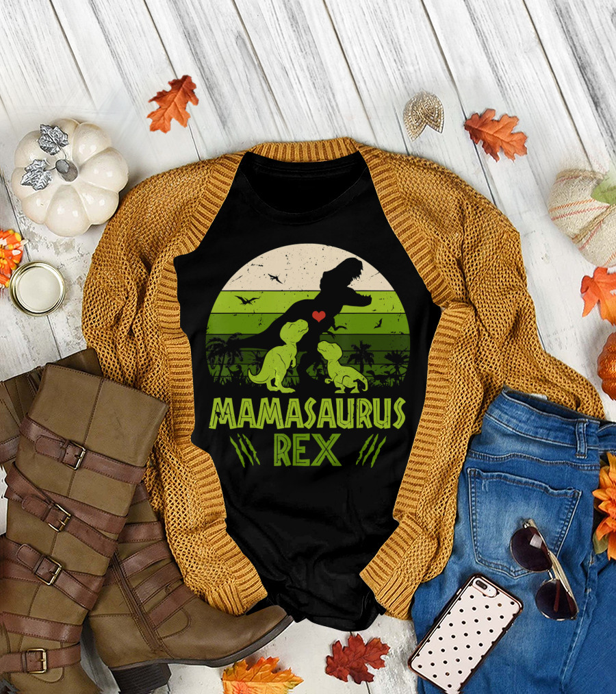 Mamasaurus Rex Dinosaur Lover Heart Jungle Scene With Two Kids T-Shirt