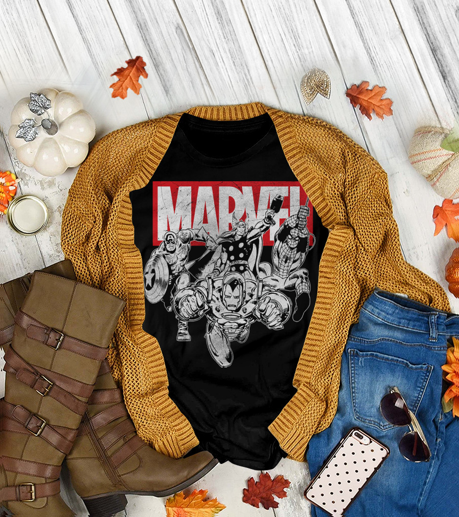 Marvel Avengers Captain America Thor Spider-Man Iron Man Grayscale T-Shirt