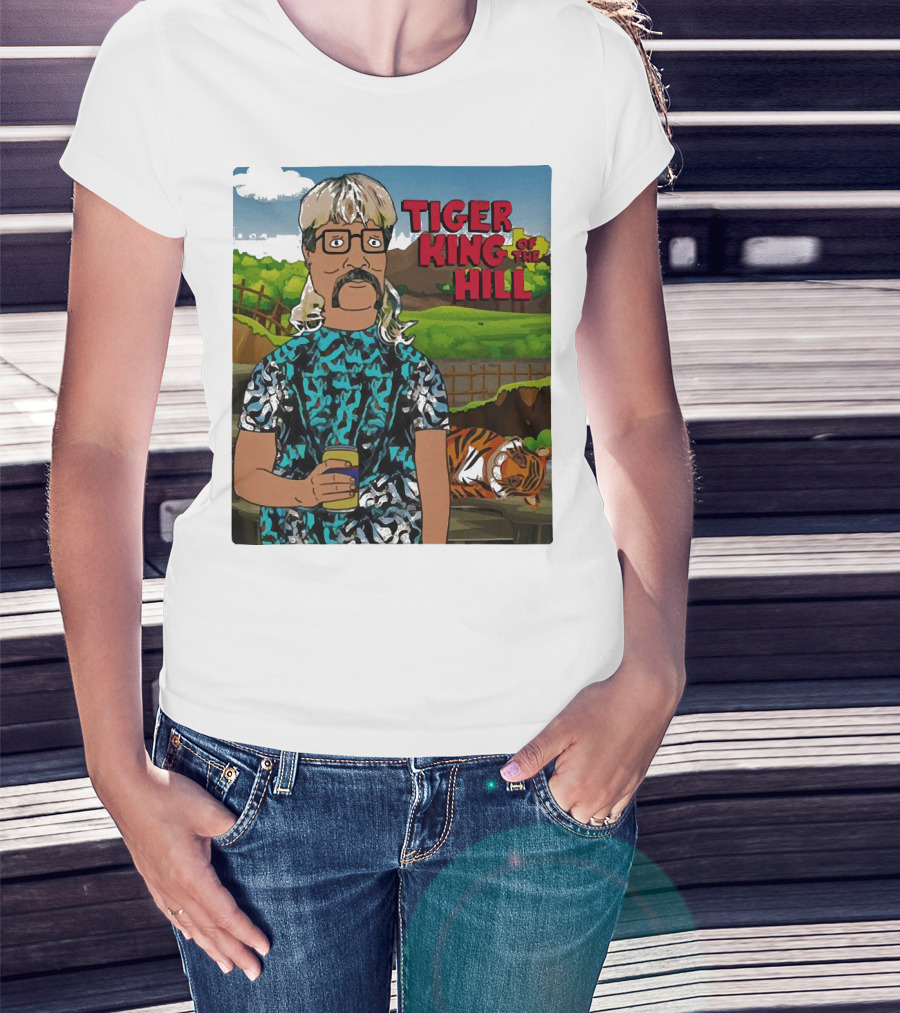 Tiger King Of The Hill In Cartoon Style With Tiger And Guy Holding Drink T-Shirt