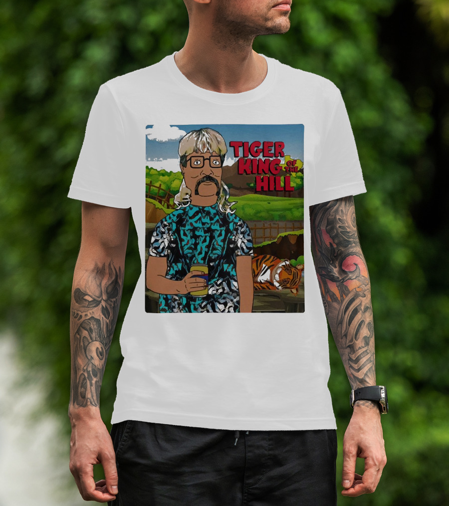 Tiger King Of The Hill In Cartoon Style With Tiger And Guy Holding Drink T-Shirt