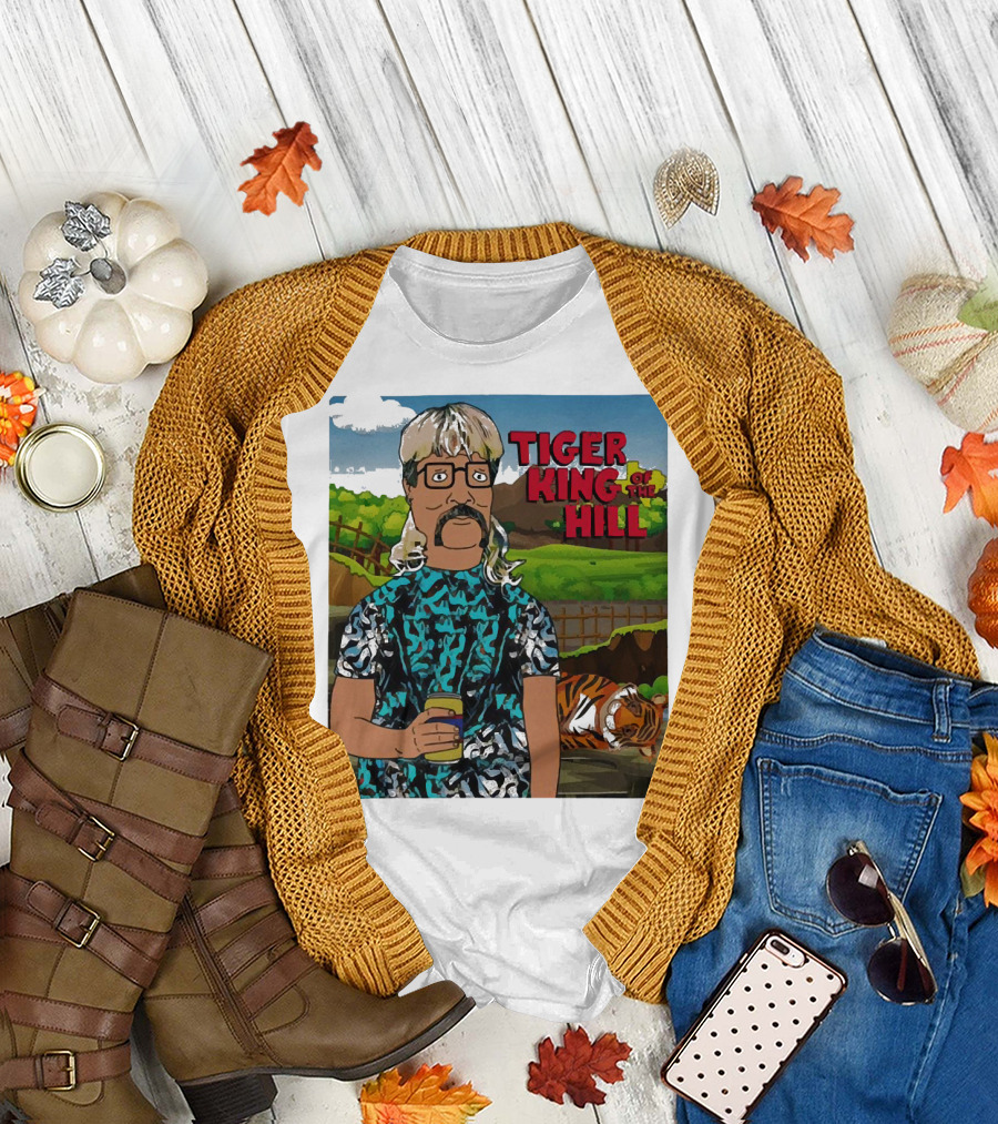 Tiger King of the Hill in Cartoon Style with Tiger and Guy Holding Drink T-Shirt