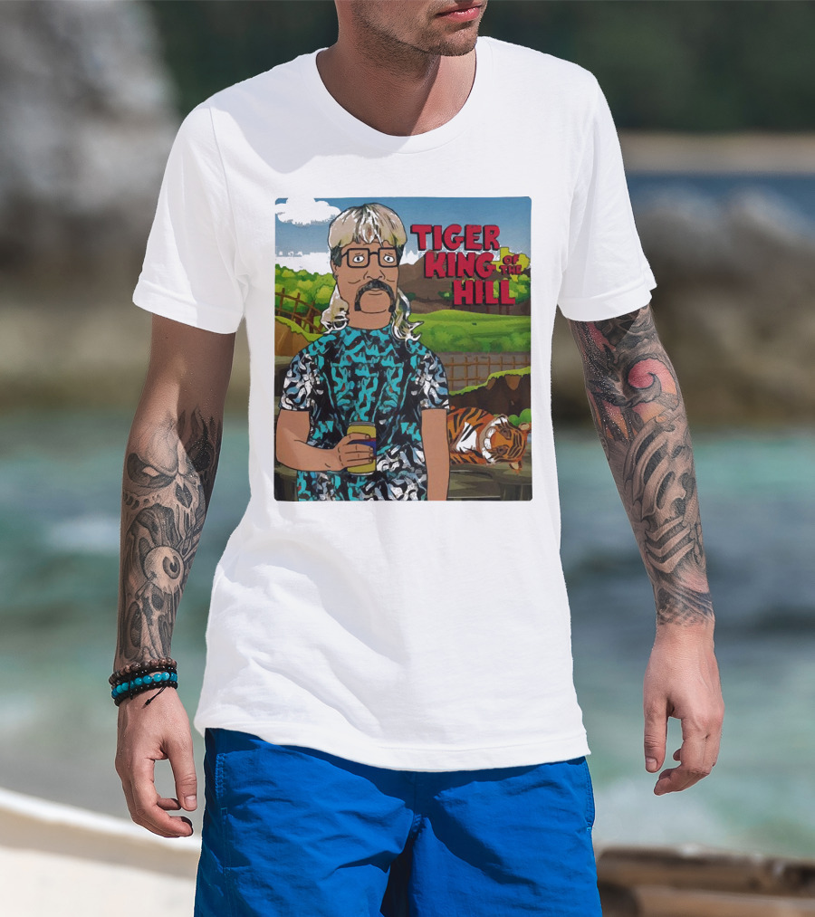 Tiger King Of The Hill In Cartoon Style With Tiger And Guy Holding Drink T-Shirt