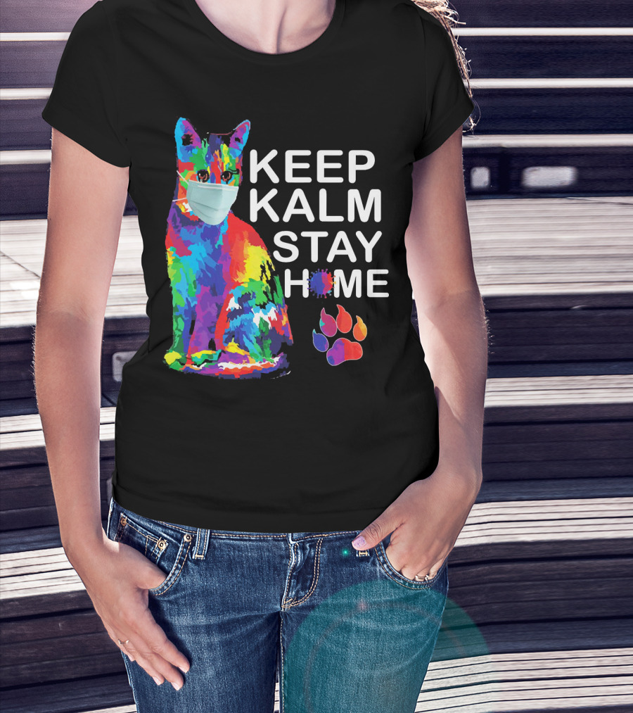 Colorful Masked Cat Keep Kalm Stay Home Ladies T-Shirt