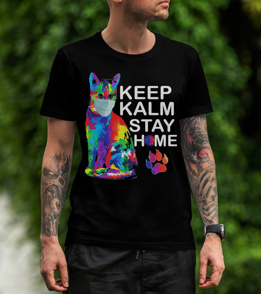 Colorful Masked Cat Keep Kalm Stay Home Ladies T-Shirt