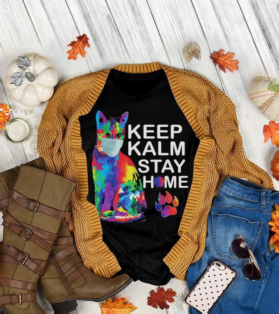 Colorful Masked Cat Keep Kalm Stay Home Ladies T-Shirt