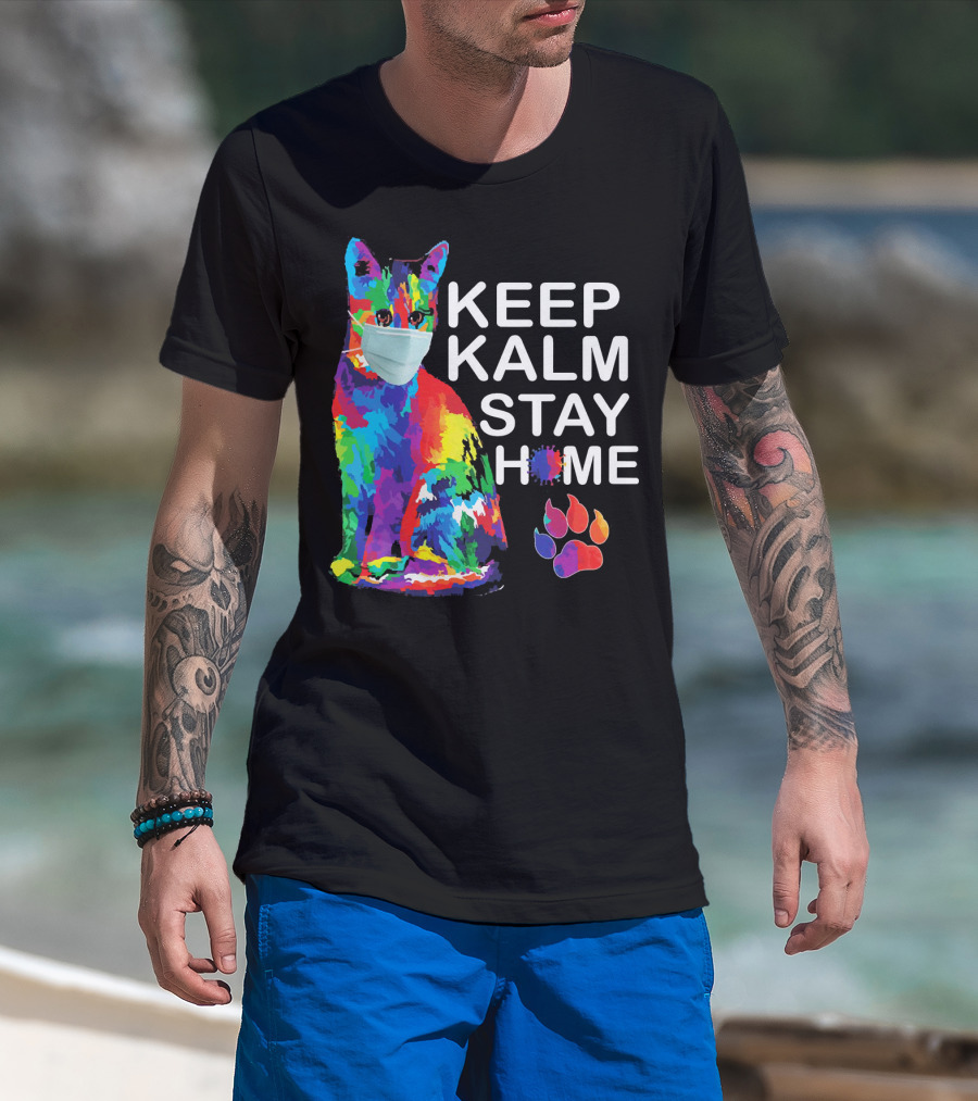 Colorful Masked Cat Keep Kalm Stay Home Ladies T-Shirt