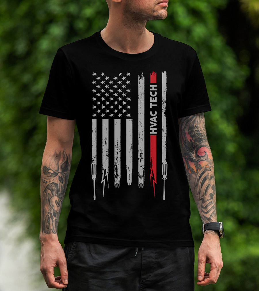 American Flag HVAC Tech Pride With Tools And Lightning 212 T-Shirt