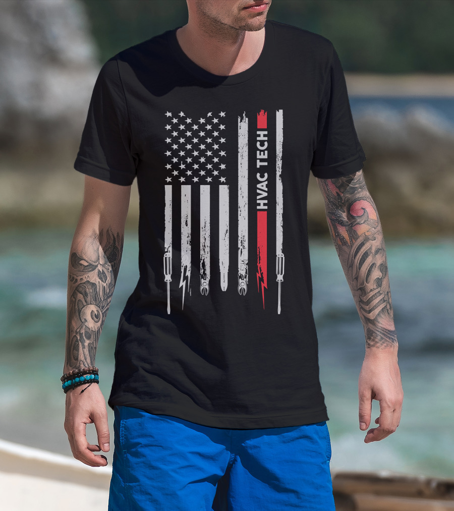 American Flag HVAC Tech Pride With Tools And Lightning 212 T-Shirt