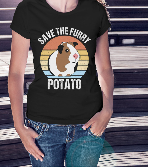 Save The Furry Potato Funny Guinea Pig Retro Sunset 181 T-Shirt