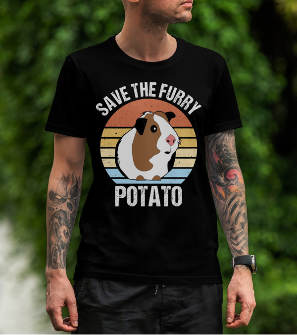 Save The Furry Potato Funny Guinea Pig Retro Sunset 181 T-Shirt