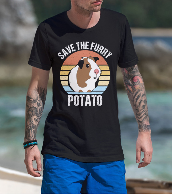 Save The Furry Potato Funny Guinea Pig Retro Sunset 181 T-Shirt