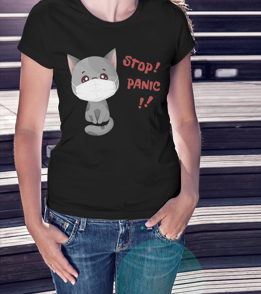 STOP PANIC Masked Cat Alert T-Shirt