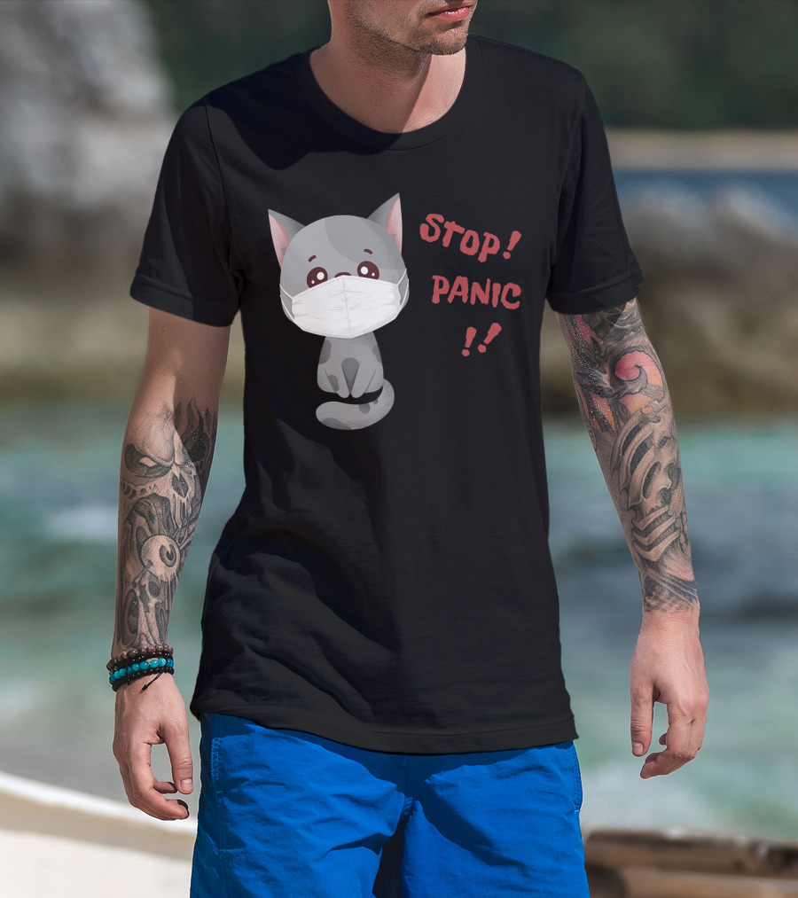 STOP PANIC Masked Cat Alert T-Shirt