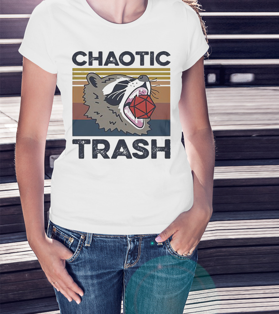 Chaotic Trash Game Raccoon D20 Dice Retro Stripes T-Shirt
