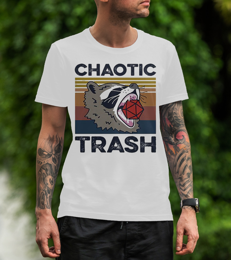 Chaotic Trash Game Raccoon D20 Dice Retro Stripes T-Shirt
