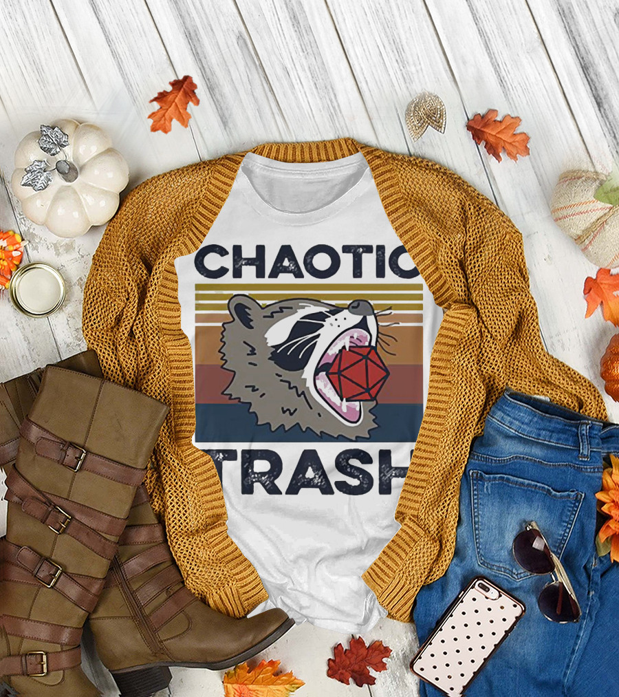 Chaotic Trash Game Raccoon D20 Dice Retro Stripes T-Shirt