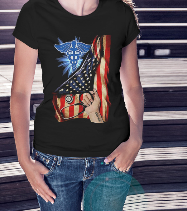 Nurse America Flag Caduceus Tattoo Stethoscope T-Shirt