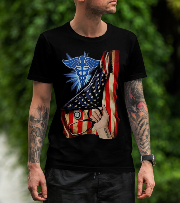 Nurse America Flag Caduceus Tattoo Stethoscope T-Shirt