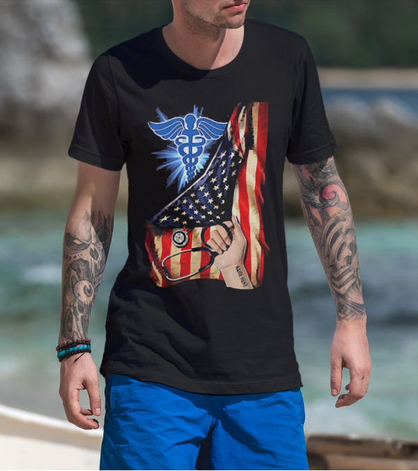 Nurse America Flag Caduceus Tattoo Stethoscope T-Shirt