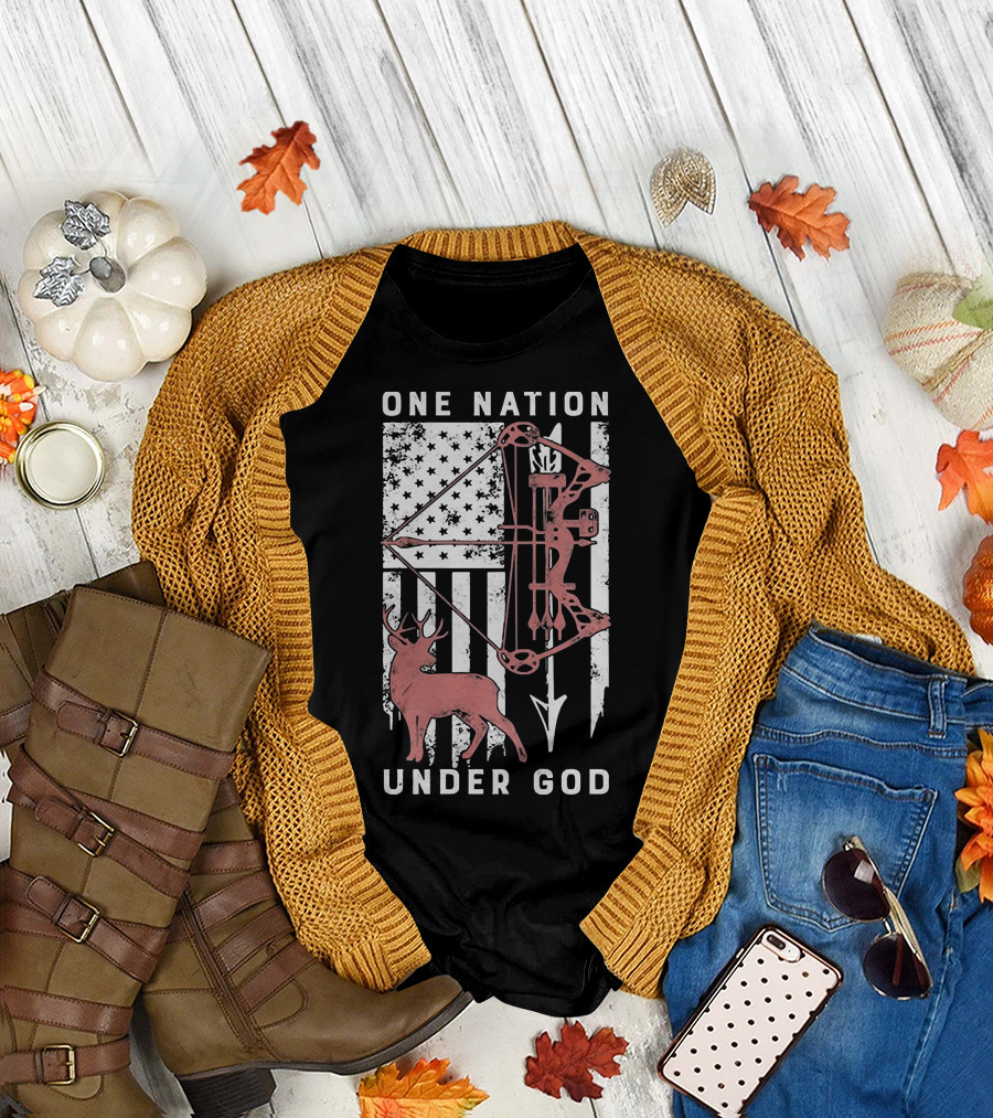 One Nation Under God American Flag Bow Hunter Veteran T-Shirt